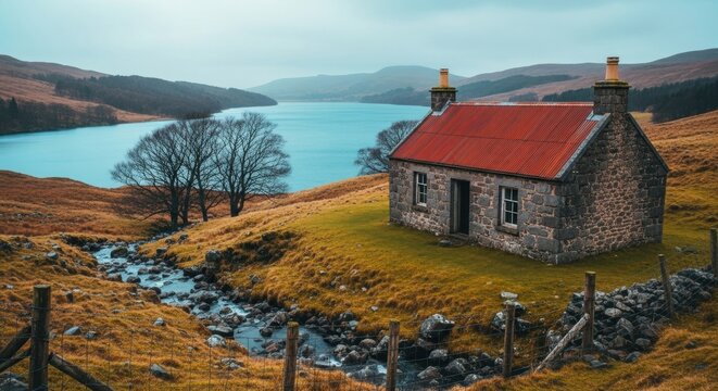 Rustic stone cottage in a remote wilderness setting. Scottish Highlands landscape with a tranquil loch and mountain stream. Traditional bothy concept for travel and tourism. Escapism and solitude