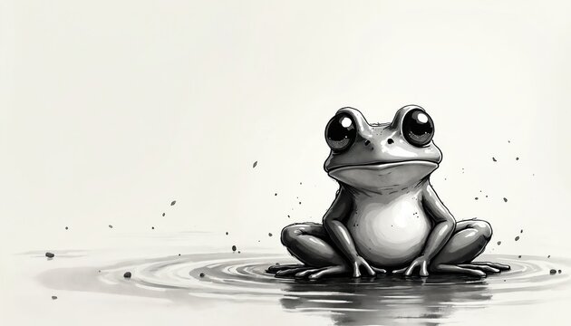 Black and white sketch shows a curious frog with big eyes sitting on water surface. Small ripples spread out around its body. Tiny water drops or leaves float nearby.