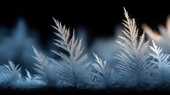Close-up of magical glowing frost patterns with ice crystals on window during cold winter night - Powered by Adobe