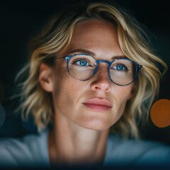 Portrait of confident professional woman with glasses working late on computer in dark office