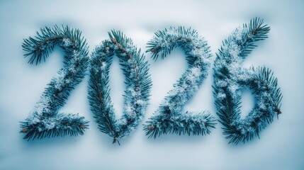 Frozen New Year 2026 numbers made from snowy fir branches on creative winter background