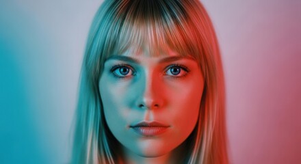Naklejka premium Futuristic portrait of a young Caucasian female with blonde hair. Split neon lighting in red and blue. Modern concept of technology and identity. Cyberpunk aesthetic for marketing