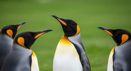 Group of King Penguins standing together. Wildlife conservation and biodiversity concept. Teamwork and unity metaphor for business. Social community of birds in nature. Elegant animal portraits