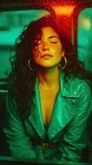 Beautiful woman behind rainy window with colorful neon lights on moody cinematic night