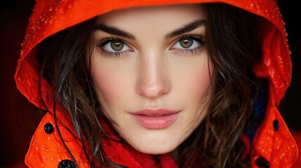 Intense close-up portrait of beautiful woman wearing red hooded raincoat in the pouring rain