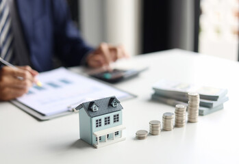 Investing in Real Estate, Real estate agent or investor calculating, planning, analyzing financial...