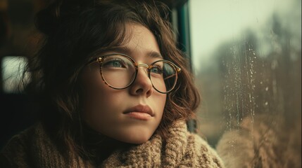 Pensive young woman with glasses looks thoughtfully out bus window on rainy autumn day