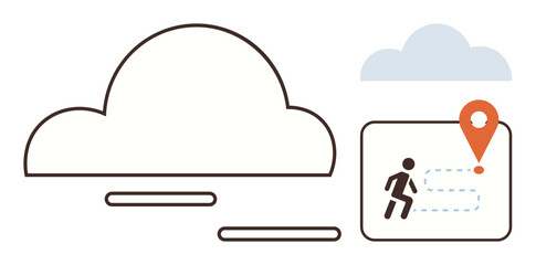 Cloud outline with a screen featuring a route map, human figure walking, and location pin. Ideal for navigation, cloud services, travel, goal setting, mobility connectivity journey planning. Simple