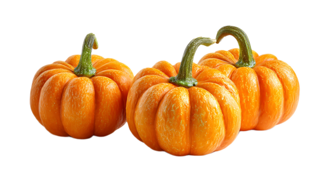A group of three miniature pumpkins with green stems on a black background close up studio shot