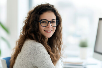 A smiling woman with curly hair and glasses, wearing a light sweater, captured in a portrait