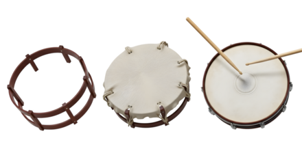 Deconstructed snare drum isolated on transparent background showing its components
