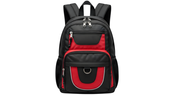 Modern black and red backpack with multiple compartments and zippers for travel and school isolated on transparent background
