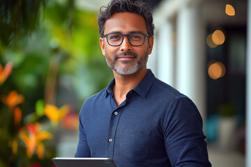 A smiling man wearing glasses and a blue shirt stands outdoors, holding a tablet.