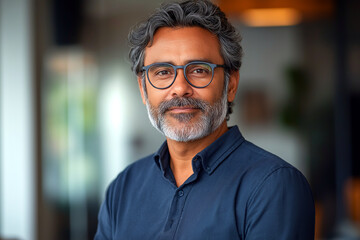 A middle-aged man with glasses and a gray beard, dressed in a dark blue shirt, is shown against a blurred background.