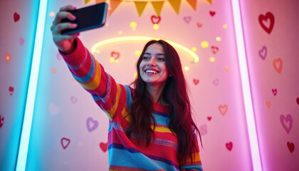 Cheerful young woman takes selfie in colourful room with pink hearts and neon lights. Smiling female blogger records video content. Girl with smartphone creates joyful online media in studio.