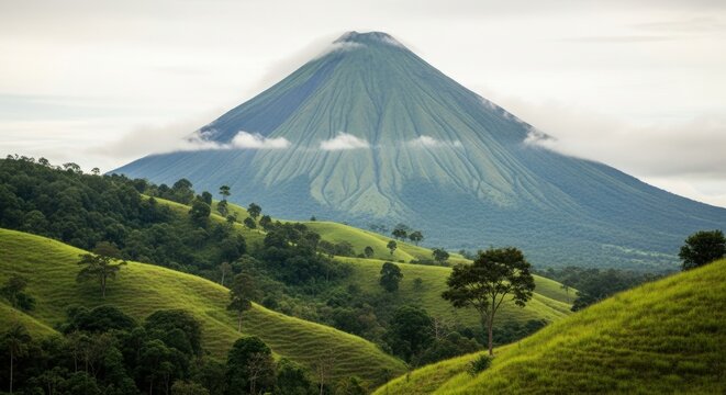 Scenic volcanic mountain with lush green rolling hills. Tropical nature scenery for travel and tourism. Ecotourism destination concept in a remote wilderness. Environmental conservation