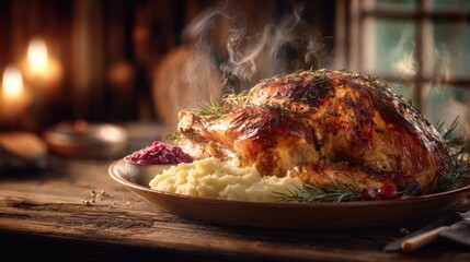 Golden roasted turkey surrounded by mashed potatoes, cranberry sauce, and vegetables on a rustic wooden table, steam rising, ultra detailed 8k quality, cinematic realism