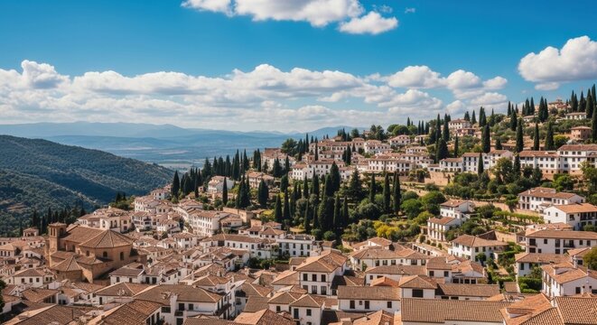 Historic Spanish town in Andalusia. Whitewashed buildings and terracotta rooftops on a green hill. European travel and tourism destination. Summer holiday in a scenic village