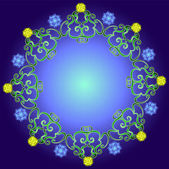 Round frame with a floral pattern of yellow and blue flowers on a blue background
