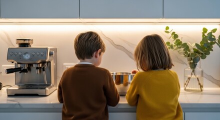 Caucasian brother and sister cooking together. Kids learning culinary skills in a modern kitchen. Family bonding activity at home. Childhood development and domestic education concept