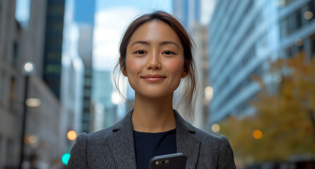 Portrait of a woman holding a phone in the city