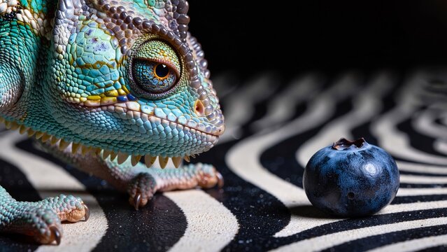 Curious Chameleon Exploring Blueberry on Zebra Background - Close-Up Wildlife Photography