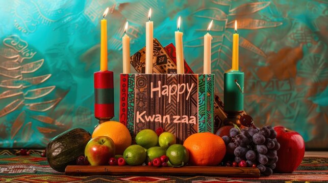Kwanzaa celebration with lit candles, traditional decorations, fruits including oranges, grapes, and limes on a table with a festive backdrop. - Powered by Adobe