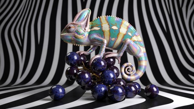 Artistic Chameleon on Zebra Stripes Surreal Illustration of Colorful Animal Climbing