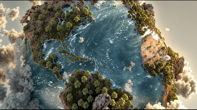 Floating miniature Earth with sunlight and clouds