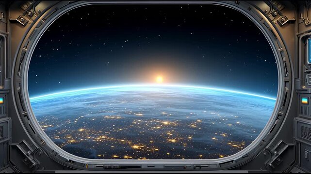 Sunrise over Earth through futuristic observation window