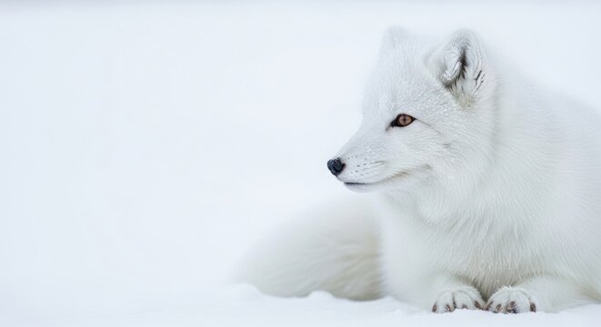 White arctic fox resting in the snow. Minimalist wildlife portrait with ample copy space. Concept of nature survival and camouflage. Clean high key winter season aesthetic