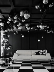 Luxurious New Year's Eve party concept. Modern monochrome interior with white sofa, surreal balloons, and checkered floor.