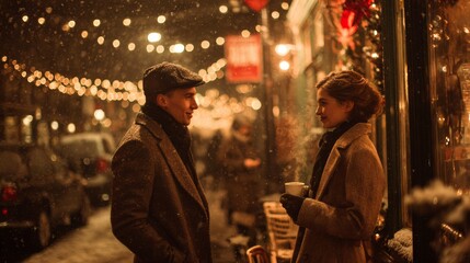 Fototapeta premium Romantic Winter Street Scene Outside a Café with Snow and Warm Lights