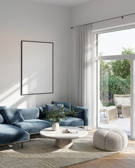 Modern Living Room Poster Frame Mockup with Natural Light and Minimalist Decoration. 3D render.