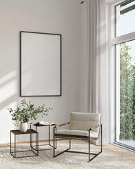 Modern Living Room Poster Frame Mockup with Natural Light and Minimalist Decoration. 3D render.