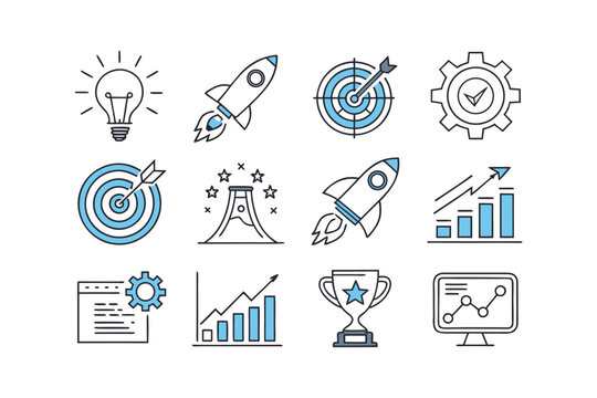 Business Startup Icons Rocket Target Graphs Trophy and Computer Keywords: business, startup, icons, rocket, target, graphs, trophy, computer