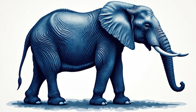Side view illustration of blue elephant on a white background. Detailed drawing of mammal with long tusk and trunk. Wild animal. Creative design of wildlife art for print. - Powered by Adobe