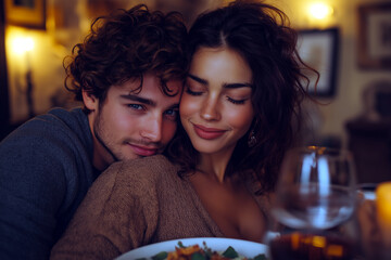 A couple embracing during a romantic dinner date
