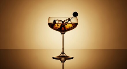Sophisticated craft cocktail in a classic coupe glass. Amber spirit on the rocks with a dark thorny garnish. Luxury mixology concept for bar menus and exclusive event marketing