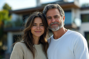 Close-up of a smiling couple posing outdoors 