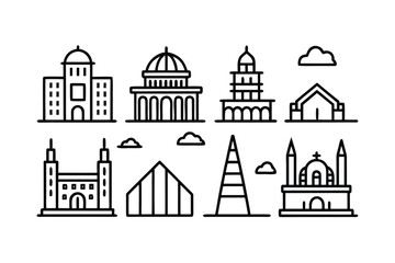 Fototapeta premium Collection of Diverse Architectural Building Icons Line Art buildings architecture