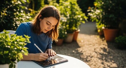 Young female artist drawing on a digital tablet. Creative professional working remotely in a sunlit garden. Graphic designer using a stylus for digital illustration. Modern freelance lifestyle concept