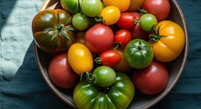 Vibrant assortment of heirloom tomatoes in a rustic bowl. Freshly harvested organic produce for healthy eating. Farm to table ingredients for summer cooking and vegetarian cuisine