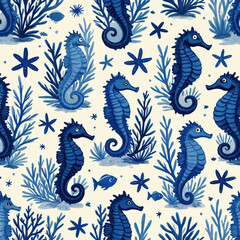 Obraz premium Seamless pattern repeats blue seahorses with seaweed and starfish. Small fish swim between sea plants on light background. Marine life design.