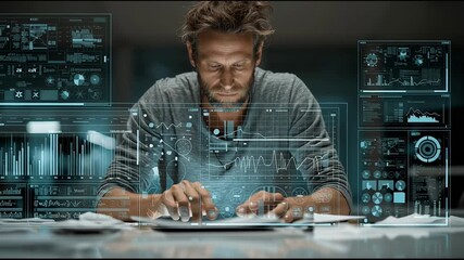 Focused professional analyzing holographic blue data interface - Powered by Adobe