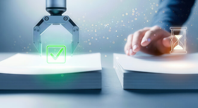 Robotic arm stamps checkmark on documents with hourglass, depicting automation and dismissal.