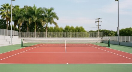 Naklejka premium Empty outdoor tennis court with red and green hardcourt surface. Professional sports arena for training and competition. Summer recreation and healthy active lifestyle concept