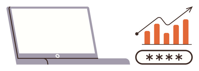 Laptop adjacent to bar graph with upward trend and password input. Ideal for data analytics, cybersecurity, technology, growth tracking, business, online protection, and corporate strategy. Simple