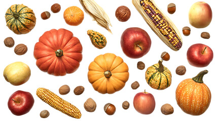 A collection of autumn harvest items including pumpkins apples corn acorns and walnuts on black background