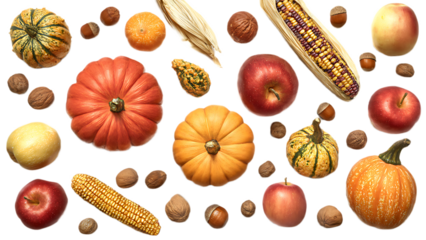 A collection of autumn harvest items including pumpkins apples corn acorns and walnuts on black background